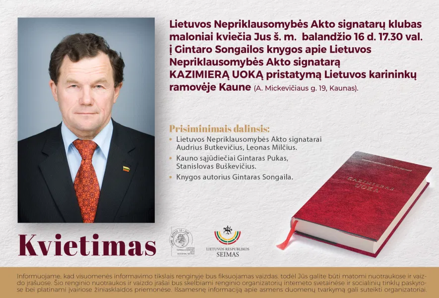 Gintaro Songailos knygos apie Lietuvos Nepriklausomybės Akto signatarą Kazimierą Uoką pristatymas Gintaro Songailos knygos apie Lietuvos Nepriklausomybės Akto signatarą Kazimierą Uoką pristatymas