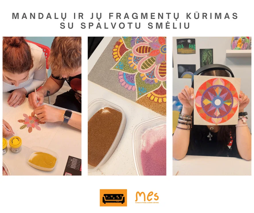 Mandalų ir jų fragmentų kūrimas su spalvotu smėliu