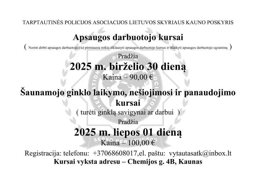 Norinčių dirbti apsaugoje ir dirbačių apsaugos darbuotojais stažuotojais kursai. Norinčių dirbti apsaugoje ir dirbačių apsaugos darbuotojais stažuotojais kursai.